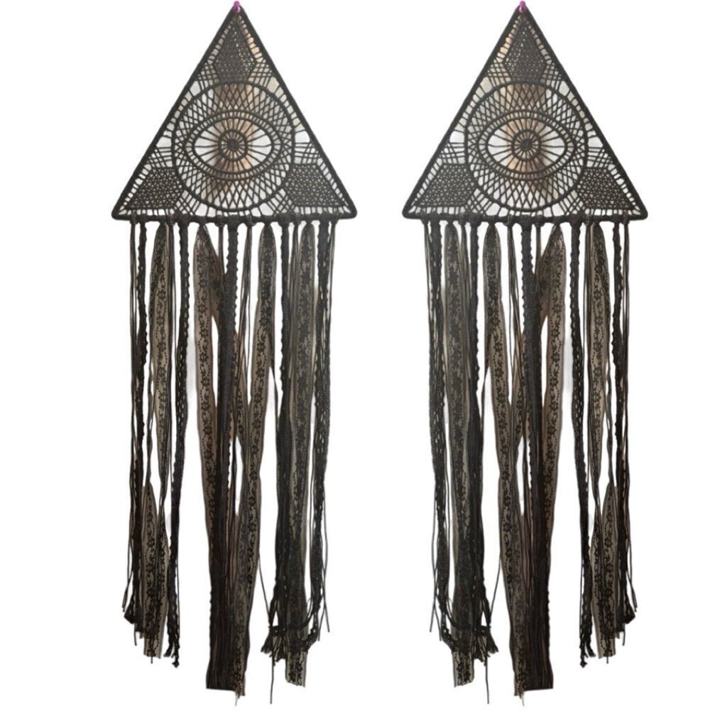 Wall Hanging – Set of 2 Boho Triangle Eye Macramé Panels in Black Lace